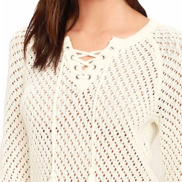 Boho Olive & Oak Louisa Cream Crochet Lace Up Small Sweater - Picture 2 of 9